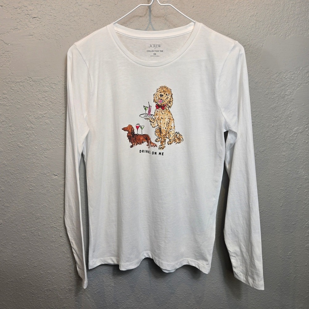 J.Crew Collector Tee Womens XS White Drinks On Me Dog Graphic Long Sleeve NWT